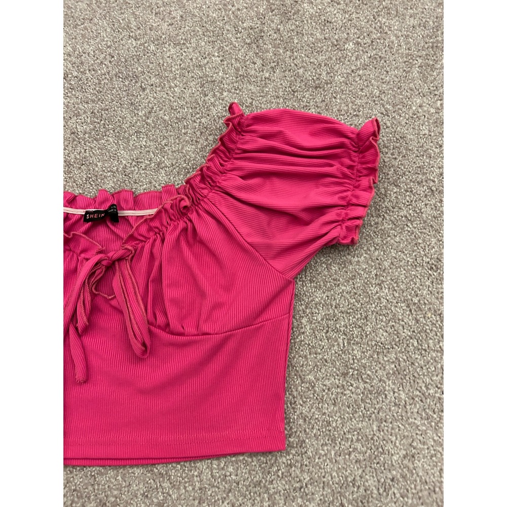 SHEIN Crop Top Womens Large Pink Excellent Ribbed Tie Front Puff Sleeve Ruffle - Picture 5 of 11